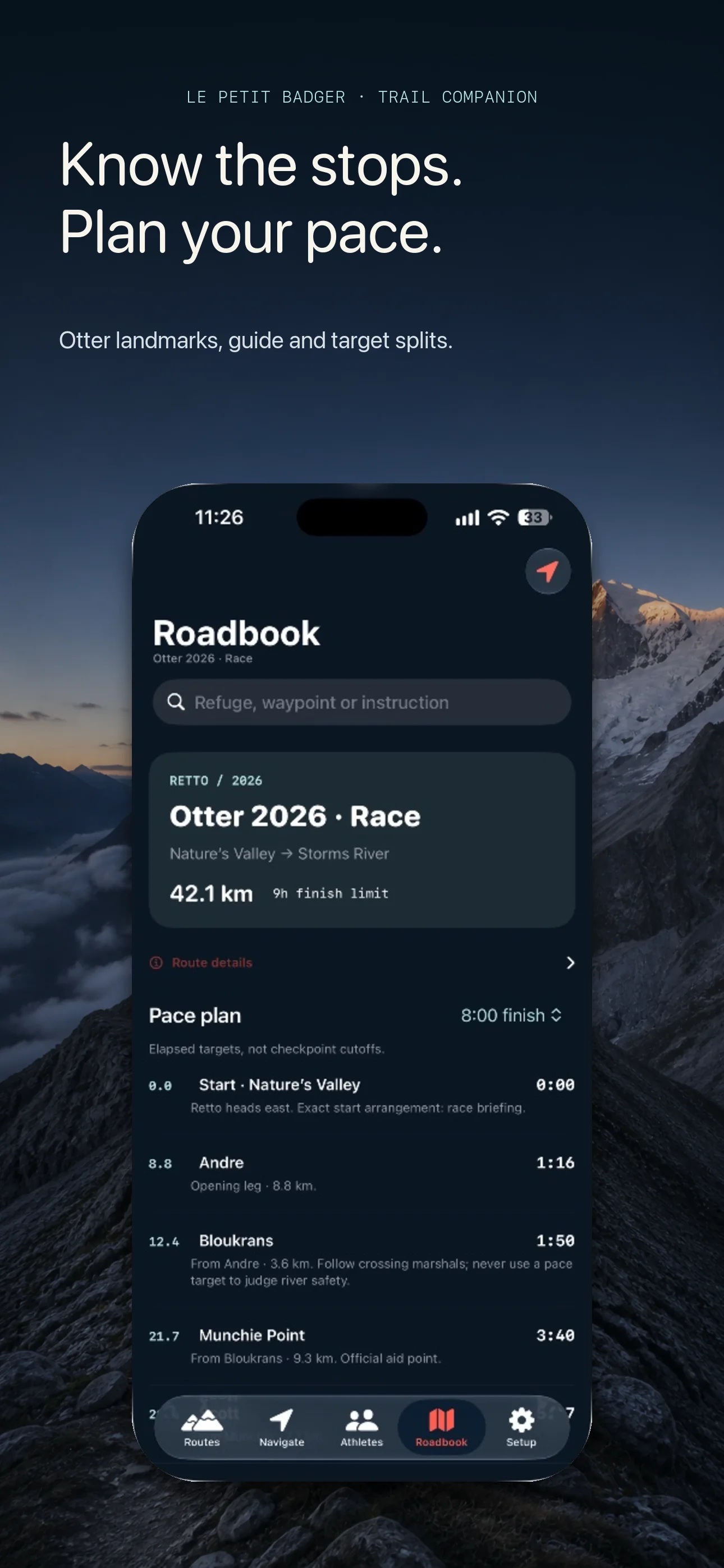 Preview of the Otter roadbook with landmarks and pace targets, not checkpoint cutoffs