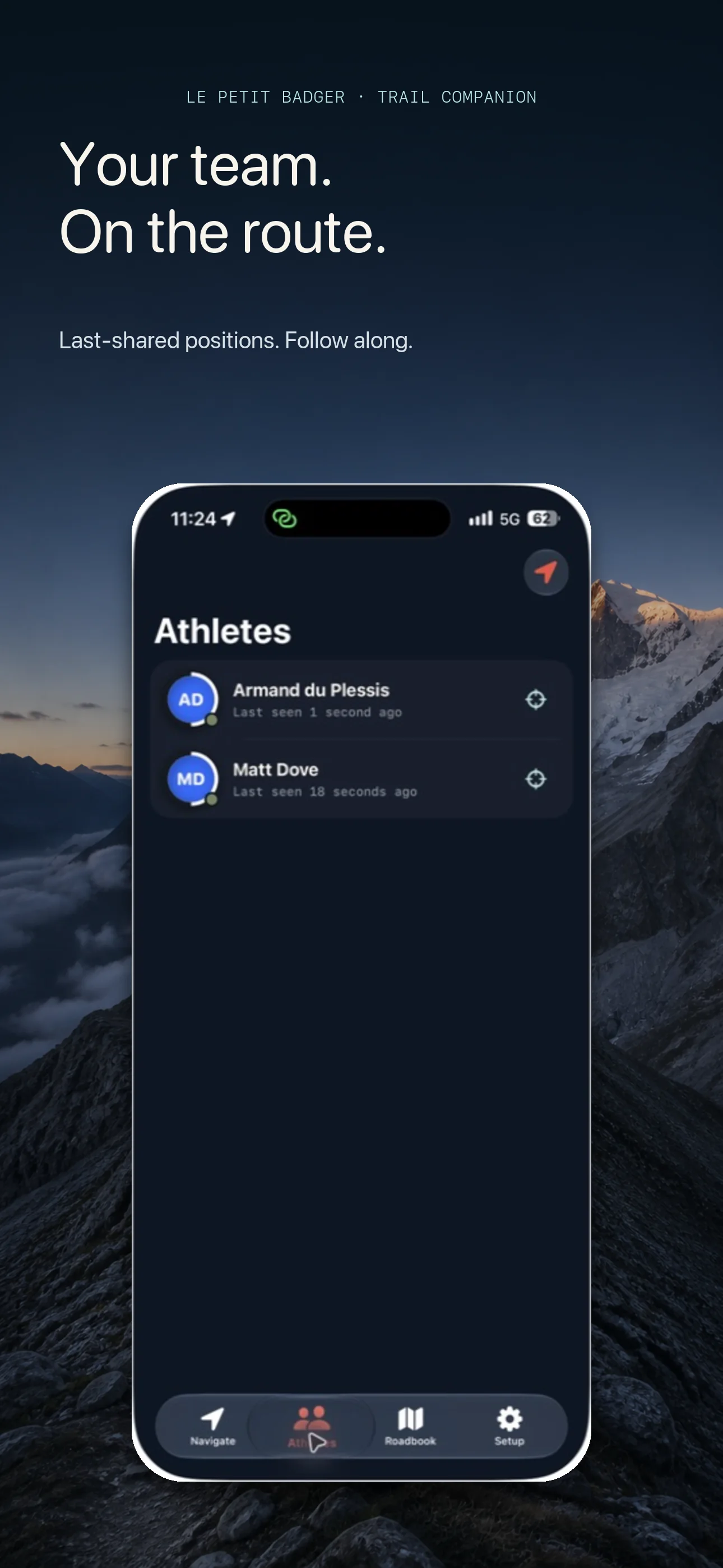 PTL athlete tracker showing Team Adaptive and last-shared times